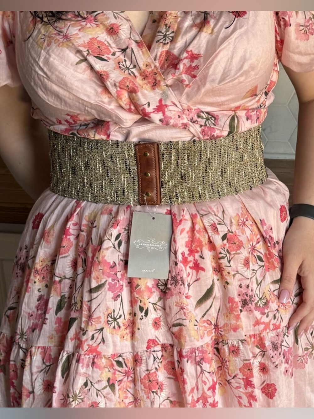 Anthropologie Gold Metallic Woven Waist Belt with Brown Leather Tab